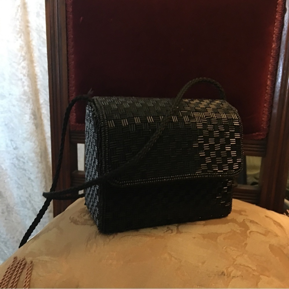 Black beaded Mini Bag cross body or shoulder Vintage OS
